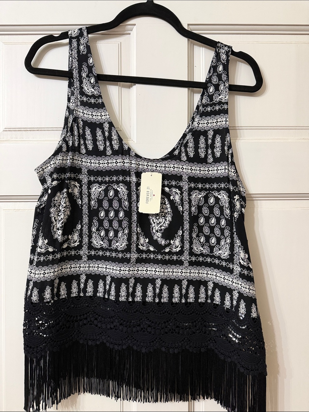 Forever 21 Black and White Paisley Fringe Tank